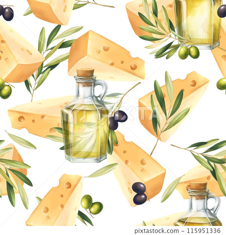 Seamless pattern with brunch of olives and cheese. Food background 115951336