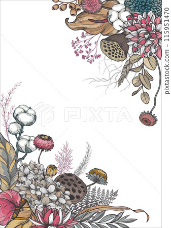 Vector frame with dried flowers, leaves and branches. Different flowers, palm leaves, eucalyptus and other plants in beautiful composition for invitation or greeting card. Vector frame with dried flowers, leaves and branches. Different flowers, palm leaves, eucalyptus and other plants in beautiful composition for invitation or greeting card. 115951470