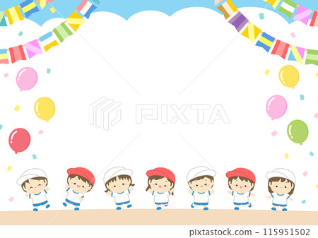 Background frame material for sports day, illustration of happy children, a playground and blue sky 03 115951502