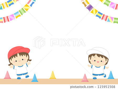 Background frame material for sports day, illustration of children, a playground, and the flags of the world 02 Background frame material for sports day, illustration of children, a playground, and the flags of the world 02 115951508