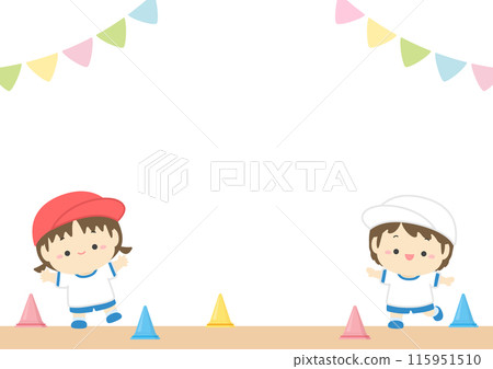 運動會背景框架材料、兒童插畫、操場和旗幟裝飾01 115951510