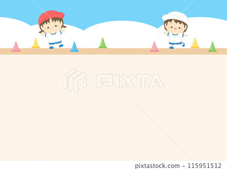 運動日背景框架材料、兒童插圖、遊樂場和晴朗的天空 01 115951512