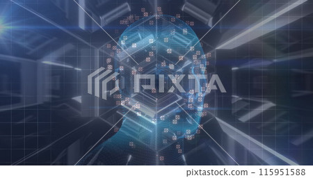 Human face model spinning against hexagonal tunnel in seamless pattern against blue background 115951588