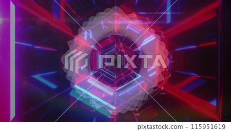 Abstract shape spinning over neon glowing tunnel in seamless pattern against black background 115951619