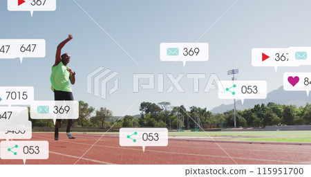 Image of notification bars, african american athlete running and raising hand for completing lap Image of notification bars, african american athlete running and raising hand for completing lap 115951700