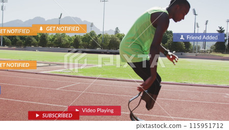 Image of notification bars, african american athlete tired after running falling on race track 115951712