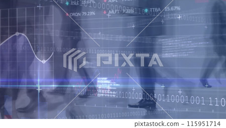 Image of financial data over timelapse of diverse businesspeople walking and data processing 115951714