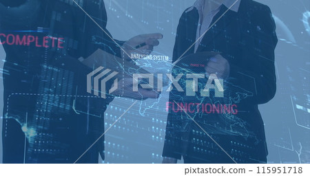 Image of data processing, world map and analysis complete over caucasian businesspeople Image of data processing, world map and analysis complete over caucasian businesspeople 115951718