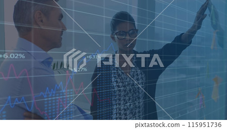 Image multiple graphs with changing numbers, diverse female explaining strategy to coworker 115951736