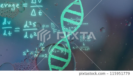 Image of bubbles over dna strand and mathematical equations on blue background Image of bubbles over dna strand and mathematical equations on blue background 115951779