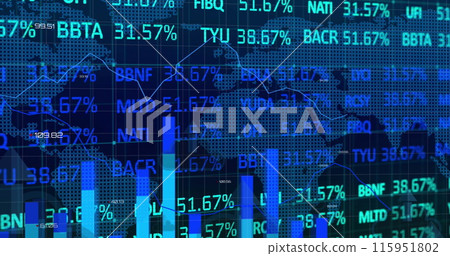 Image of arrow on cloud, graphs, trading board and map over abstract background Image of arrow on cloud, graphs, trading board and map over abstract background 115951802