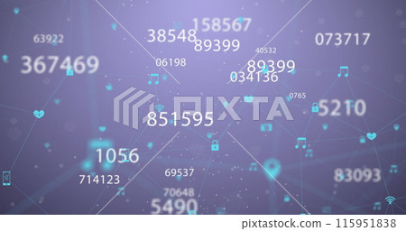 Image of multiple changing numbers and network of digital icons against purple background Image of multiple changing numbers and network of digital icons against purple background 115951838