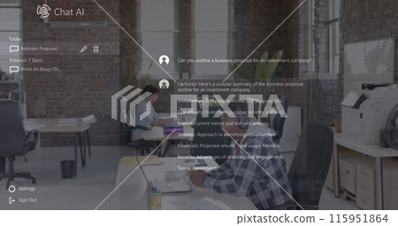 Chat ai logo and conversation text over diverse casual business colleagues at creative office 115951864