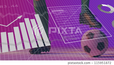 Image of charts and data processing over legs of caucasian male football player with ball Image of charts and data processing over legs of caucasian male football player with ball 115951872