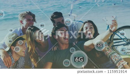 Image of 6g texts over happy diverse friends using smartphone Image of 6g texts over happy diverse friends using smartphone 115951914