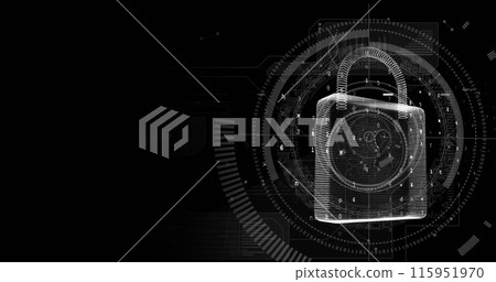 Image of round scanner and data processing over security padlock icon against black background Image of round scanner and data processing over security padlock icon against black background 115951970