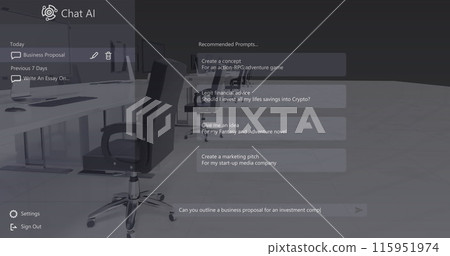 Chat ai logo and conversation text over desks and chairs in empty business office 115951974