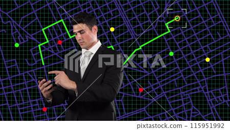 Caucasian businessman using a smartphone against navigation map line scheme on black background Caucasian businessman using a smartphone against navigation map line scheme on black background 115951992