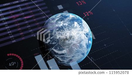 Image of statistical data processing over a globe against blue background Image of statistical data processing over a globe against blue background 115952078