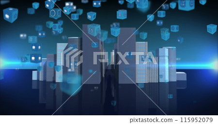 Image of media icons over cityscape 115952079