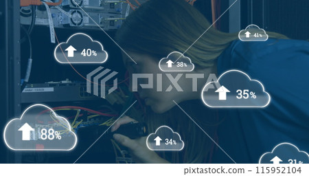Image of clouds icons over caucasian female worker inspecting server room 115952104