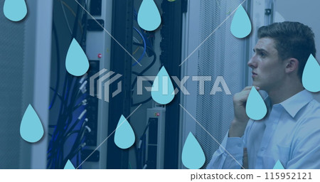 Image of drop icons over caucasian male worker inspecting server room 115952121