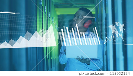 Image of data processing over african american male it technician working by computer servers Image of data processing over african american male it technician working by computer servers 115952154