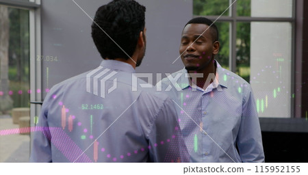 Image of data processing over diverse business people talking Image of data processing over diverse business people talking 115952155