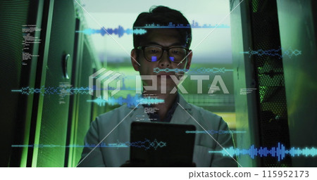 Image of data processing over asian businessman by computer servers 115952173