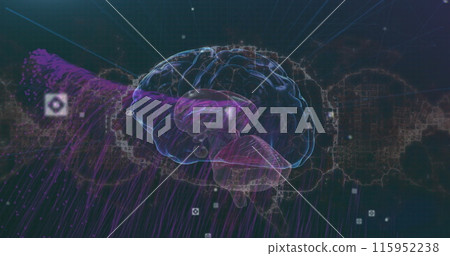 Image of viewfinders, human brain and dynamic wave pattern over abstract background 115952238