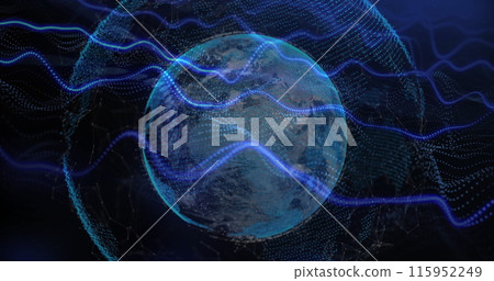 Image of dynamic wave pattern and dots around globe over abstract background 115952249