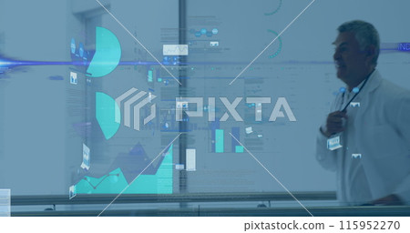 Image of financial graphs over caucasian male doctors running Image of financial graphs over caucasian male doctors running 115952270