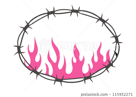 Barbed wired oval with flame y2k gothic tattoo neo tribal isolated on white background. Retro 90s decoration, emo symbol. Love, romantic shape. 115952271