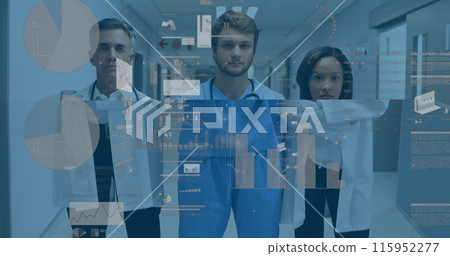 Image of financial graphs over diverse female and male doctors looking at camera 115952277