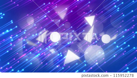 Image of glowing geometric shapes and dots flying against blue background Image of glowing geometric shapes and dots flying against blue background 115952278