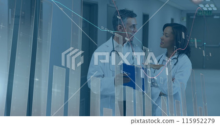 Image of financial graphs over diverse female and male doctors talking Image of financial graphs over diverse female and male doctors talking 115952279