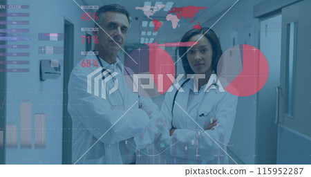 Image of financial graphs over diverse female and male doctors talking Image of financial graphs over diverse female and male doctors talking 115952287