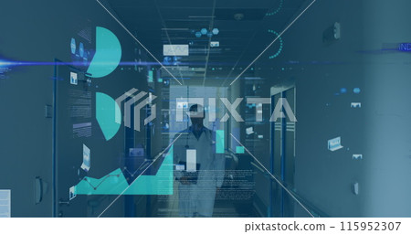 Image of financial graphs over caucasian male doctor walking on corridor 115952307