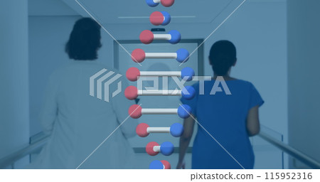 Image of dna over back view of diverse female doctors running on corridor 115952316