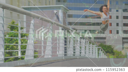 Image of graphs and people icons over caucasian young woman jumping gracefully on bridge in city Image of graphs and people icons over caucasian young woman jumping gracefully on bridge in city 115952363