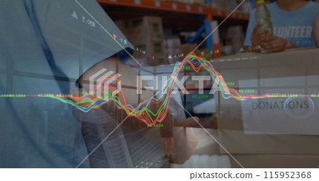 Image of data processing over diverse female and male warehouse workers Image of data processing over diverse female and male warehouse workers 115952368
