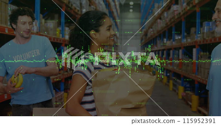 Image of financial graphs over happy diverse female and male warehouse workers Image of financial graphs over happy diverse female and male warehouse workers 115952391