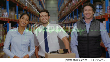 Image of data processing over diverse people working in warehouse Image of data processing over diverse people working in warehouse 115952420