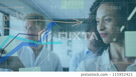 Image of blue lines and data processing over diverse business people in office 115952421