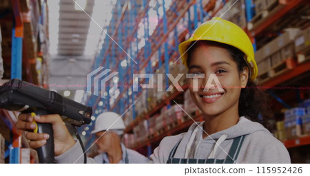 Data processing over portrait of african american female worker scanning stock at the warehouse 115952426
