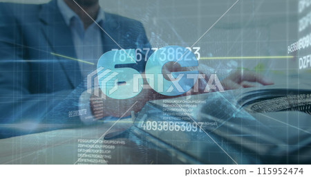 Image of 6g and digital padlock over hands of caucasian businessman using laptop 115952474