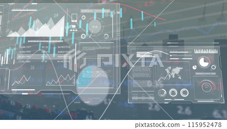 Image of financial data processing over cityscape 115952478