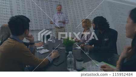 Image of financial data processing over diverse business people in office 115952484