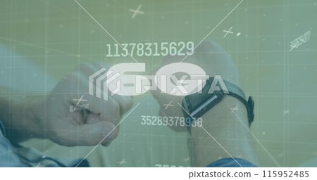 Image of 6g and numbers over hands of caucasian man using smartwatch 115952485