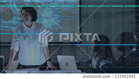 Image of financial data processing over diverse business people in office 115952491